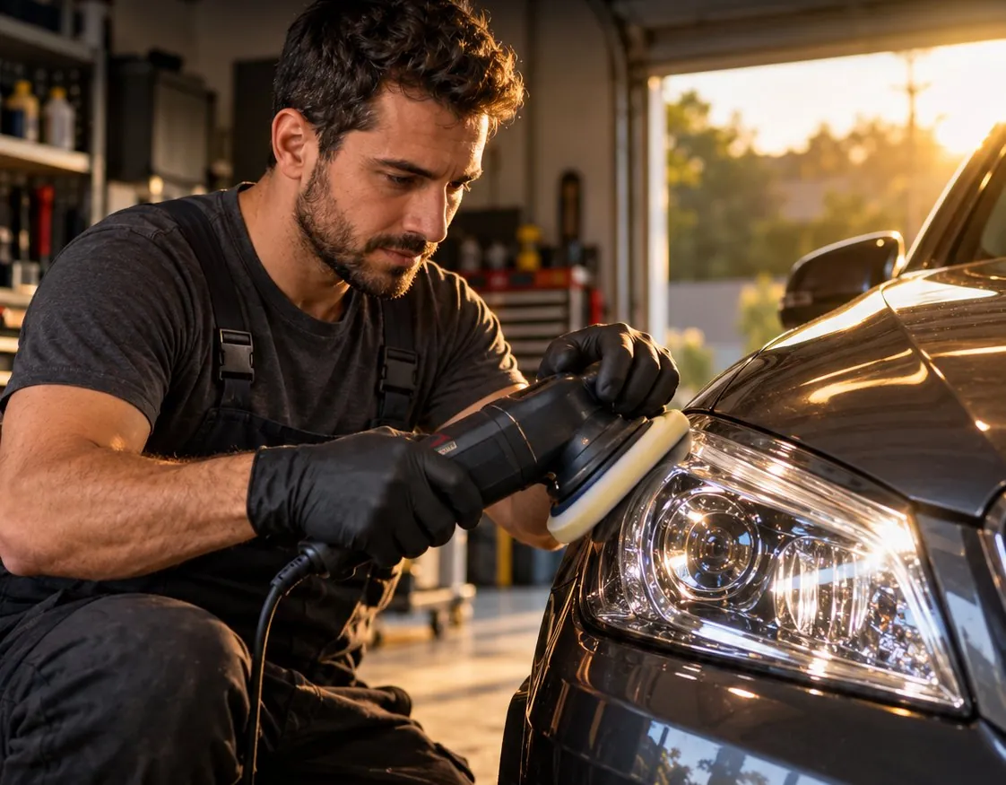 Profissional polindo o farol de um carro em uma garagem